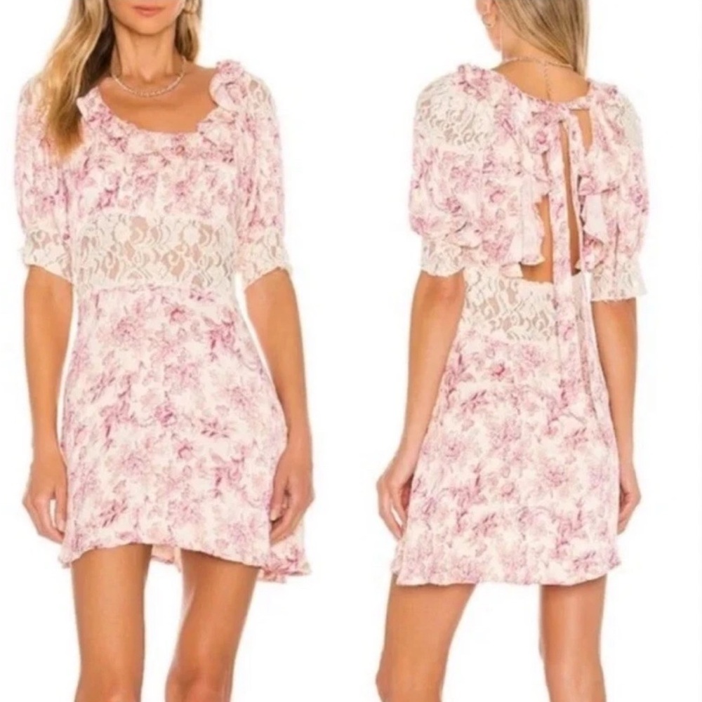 Free People Lace Floral Dress Pink Fit & Flare Ruffle Tie Back Puff Womens 4